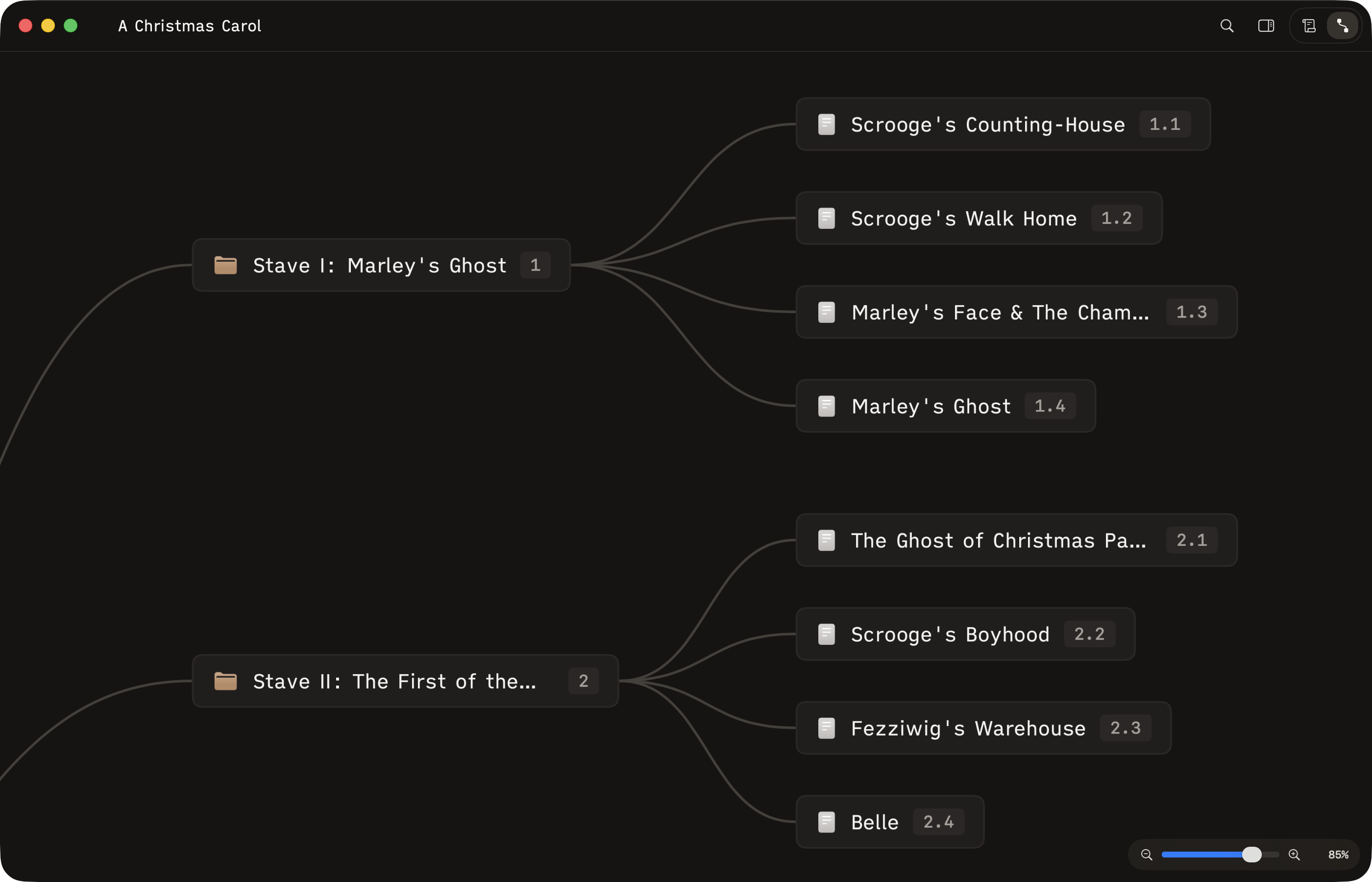 Herbert outliner showing story structure with connected nodes