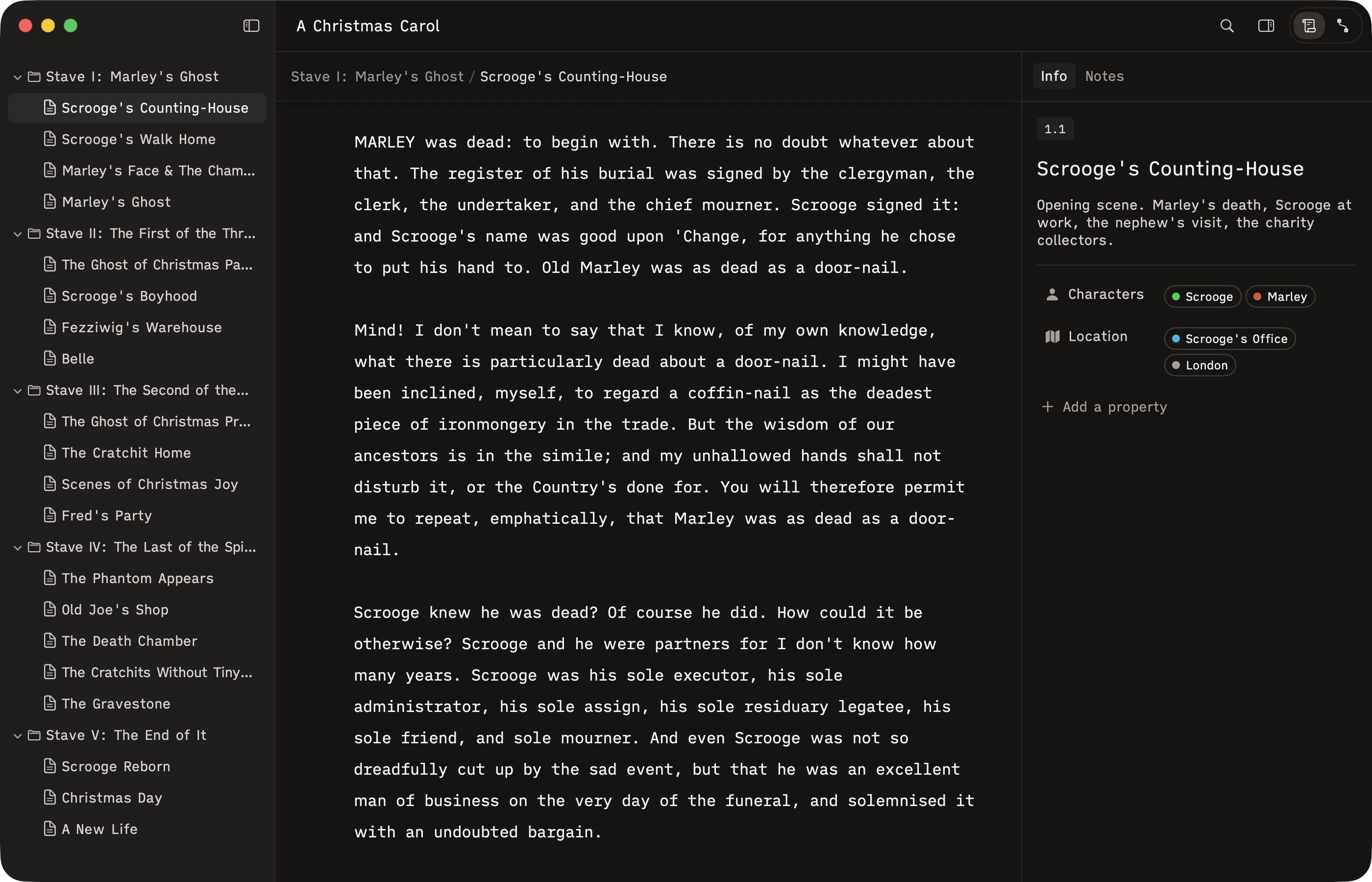 Herbert app showing a manuscript editor with outliner, writing pane, and inspector