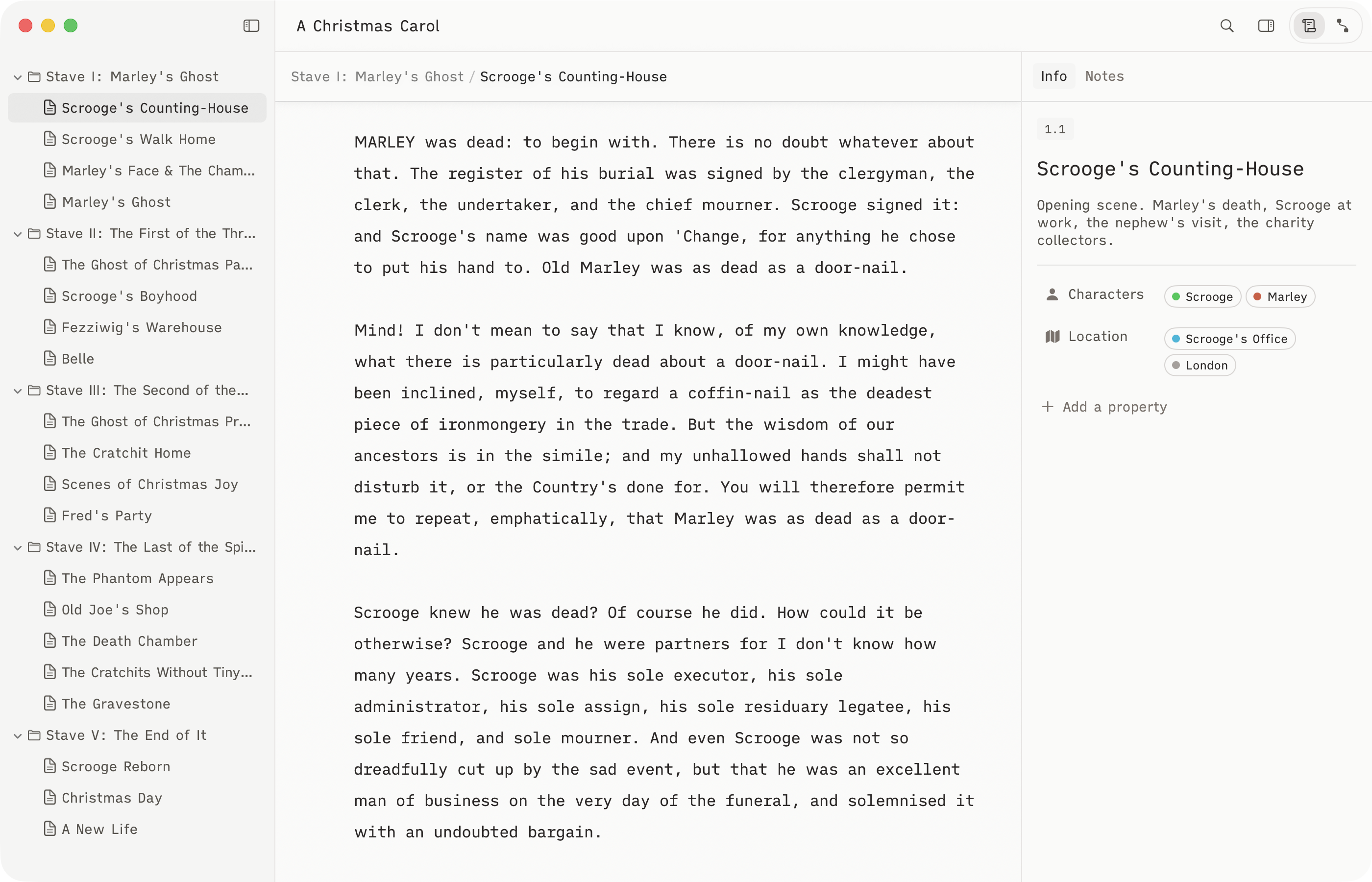 Herbert app showing a manuscript editor with outliner, writing pane, and inspector